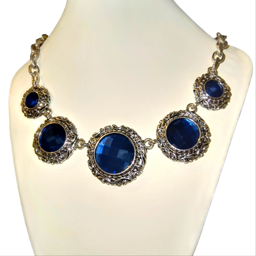 Scroll and Dots Blue and Silvertone Victorian Style Statement Necklace